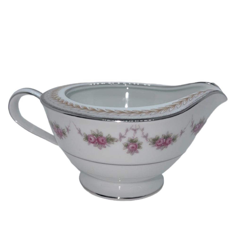 RC CHINA 1950s CREAMER w PINK ROSES, TAN LEAF LAUREL GARLAND DESIGN SILVER TRIM